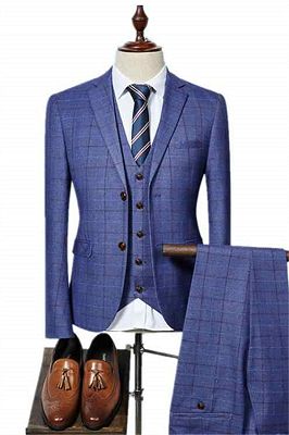 Three Pieces Men Suits for Men | Ocean Blue Plaid Prom Suits_1