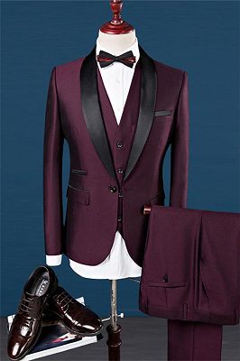 Burgundy Slim Fit Shawl Lapel Groomsmen Suit | Fashion Black Trim Tuxedo Mens's 3 Pieces Suits_1
