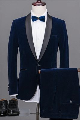 Navy Blue Shawl Lapel Velvet Prom Suits | 2020 Best Man Tuxedos 2 Pieces_1