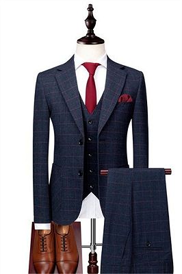 Blue Grid Casual Men Suits | Three Pieces Business Tuxedo Online