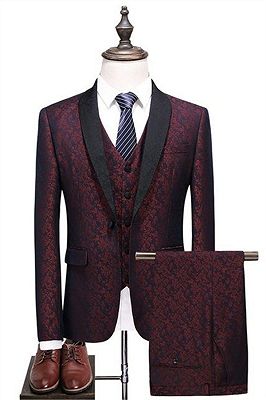 Fashion Men's Suits Burgundy Check Design Prom Suits | Three Pieces One Button Formal Tuxedos