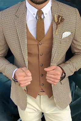 Camel Houndstooth 3 Pieces Men Blazer | Custom Slim Fit Jacket_1